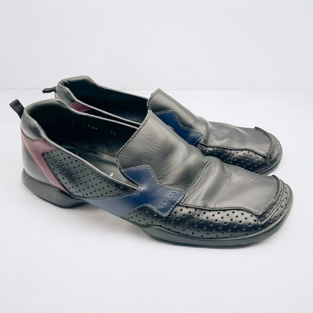 Prada Men’s Colorblock Leather Slip-On Loafers –Black, Navy & Burgundy, Size 7.5